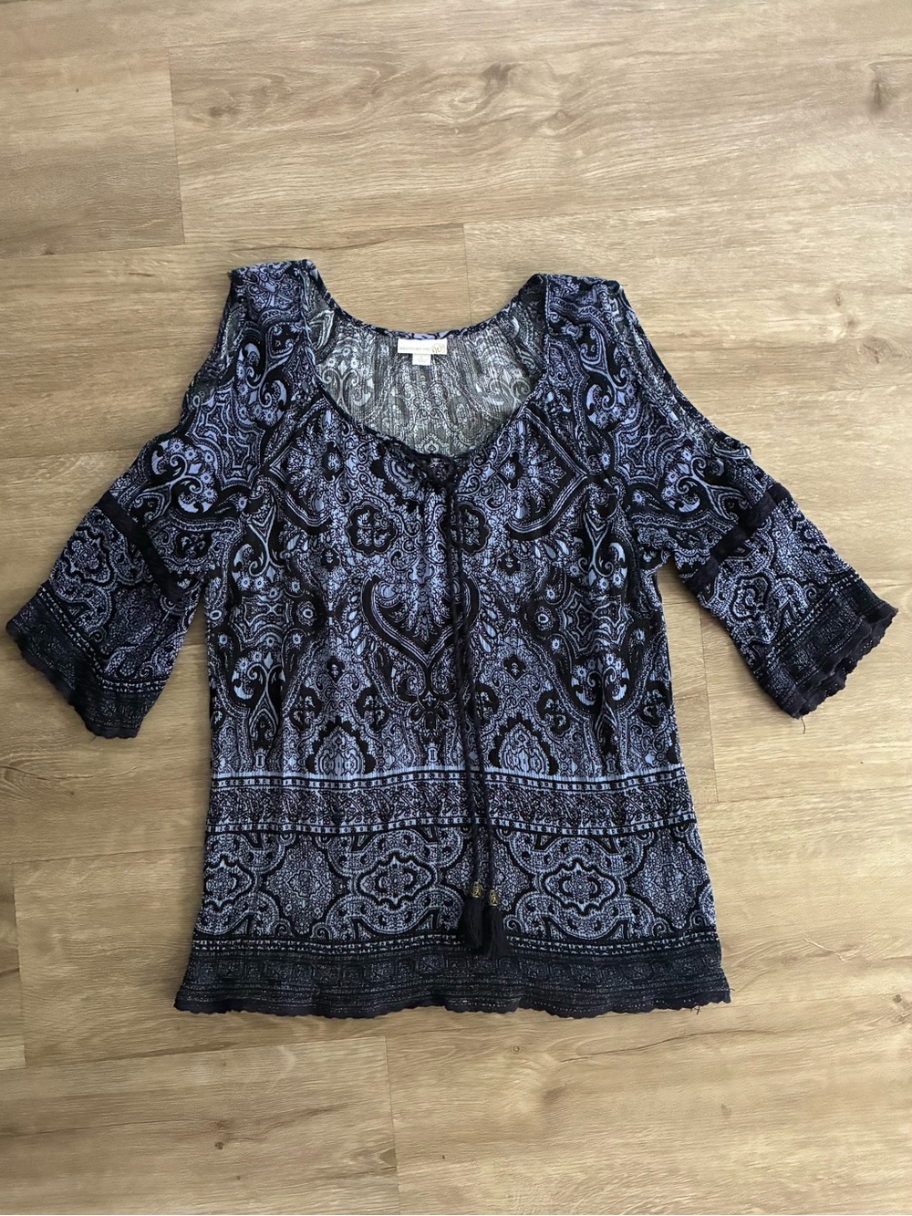 Women's Navy Paisley Boho Blouse - Scoop Neck, 3/4 Open Sleeves
